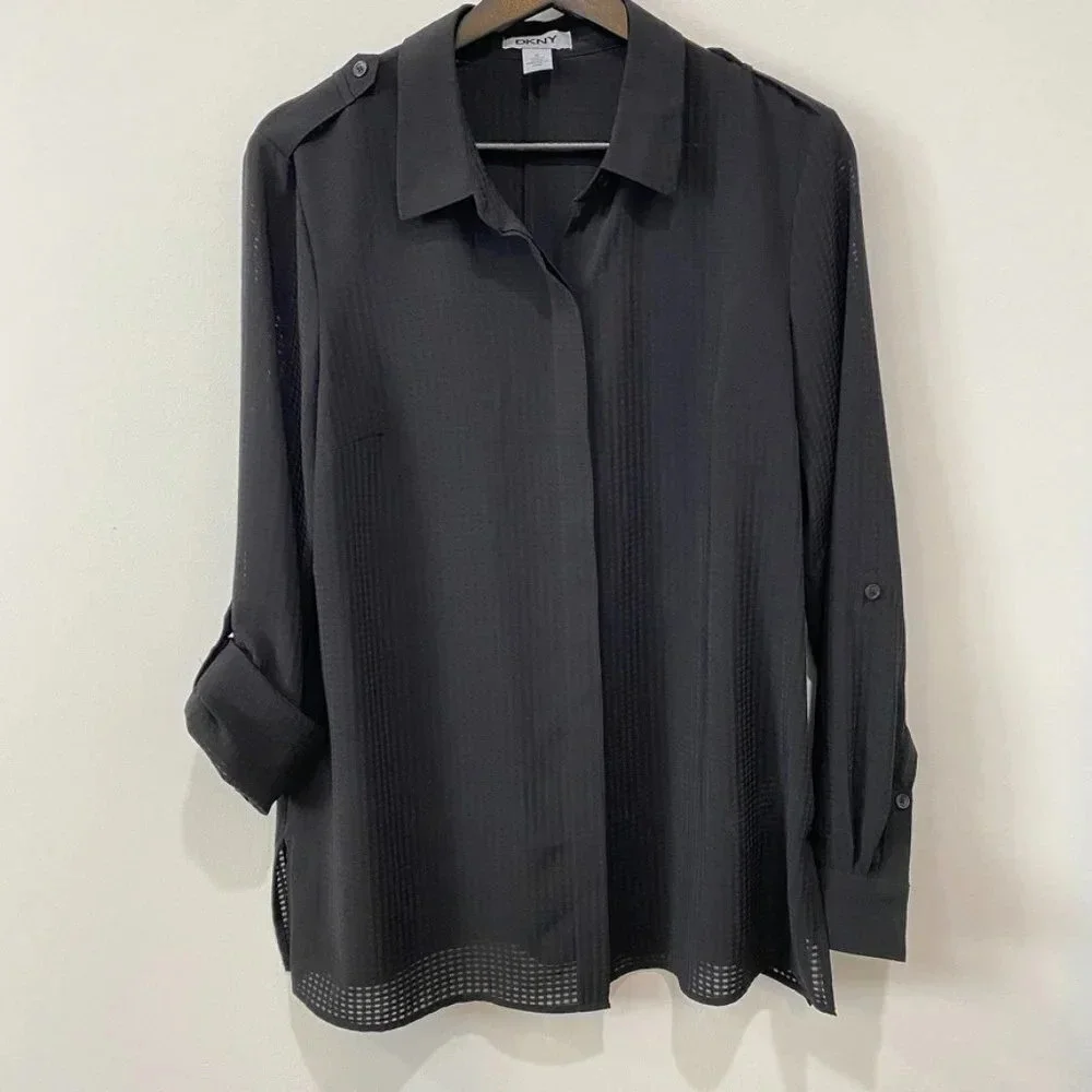 DKNY M Sheer Checkered Flowy Black Blouse with Collar Androgynous Sporty